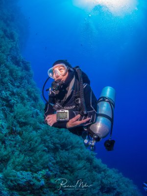 Ein Taucher schwebt im tiefblauen Wasser neben einer mit Korallen bewachsenen Riffwand. Der Taucher trägt eine rote Maske und vollständige Tauchausrüstung mit zusätzlicher Stage-Flasche und blickt nach oben zur Wasseroberfläche, wo Sonnenstrahlen durch das klare Wasser scheinen.