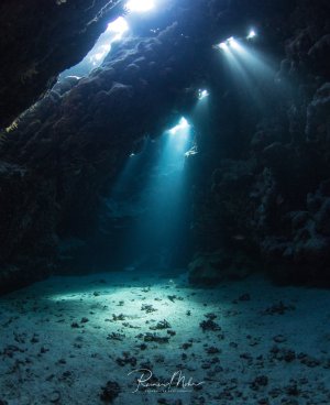 Das Bild zeigt eine dramatische Unterwasserhöhle oder -grotte mit mehreren Öffnungen, durch die spektakuläre Lichtstrahlen ins dunkle Innere fallen. Der Sandboden ist mit kleinen Korallenfragmenten und Geröll bedeckt, während die Felswände die mystische Atmosphäre dieser Höhlenformation unterstreichen.