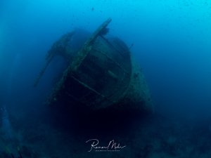Außenansicht des Wracks der SS Thistlegorm im Roten Meer. Das Heck des versunkenen Frachtschiffs ragt im Blauwasser auf. Das Flugabwehrgeschütz ist gut zu erkennen