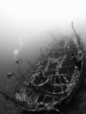 Ein beeindruckendes Wrack liegt auf dem Meeresgrund, stark von Korallen und marinem Bewuchs überzogen. Zwei Taucher erkunden das historische Schiffswrack in der nebligen Unterwasserlandschaft, wobei die Silhouette des Wracks mit seinen charakteristischen Aufbauten und der Reling deutlich erkennbar ist.