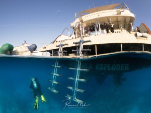 Halbtauchaufnahme des Tauchsafarischiffs mit einem Taucher unter Wasser an der Einstiegsleiter.