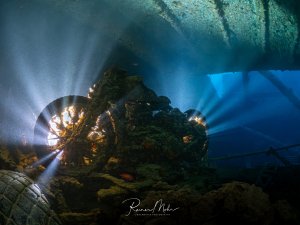 Motorrad im Inneren des Wracks der SS Thistlegorm, durchflutet von dramatischen Lichtstrahlen. Das Rad ist dicht mit Meeresorganismen bewachsen.